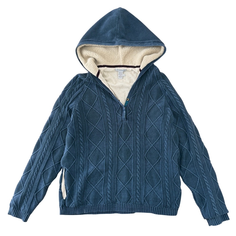 Mens Blue Cable Knit Sherpa Lined Hoodie Cotton Henley Pullover Sweater M